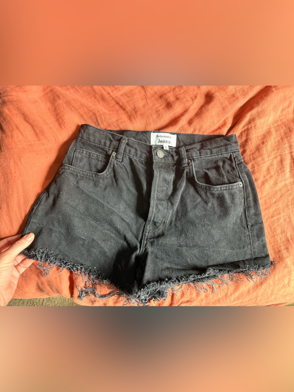 Reformation Charlie High-Rise Black Denim Frayed Hem Jean Shorts